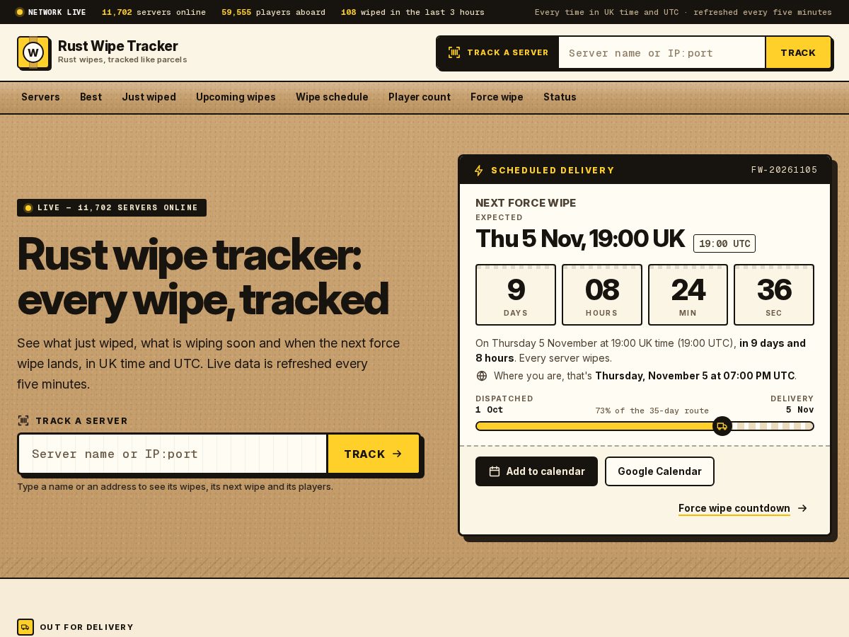 Landing-page snapshot of rustwipetracker.org