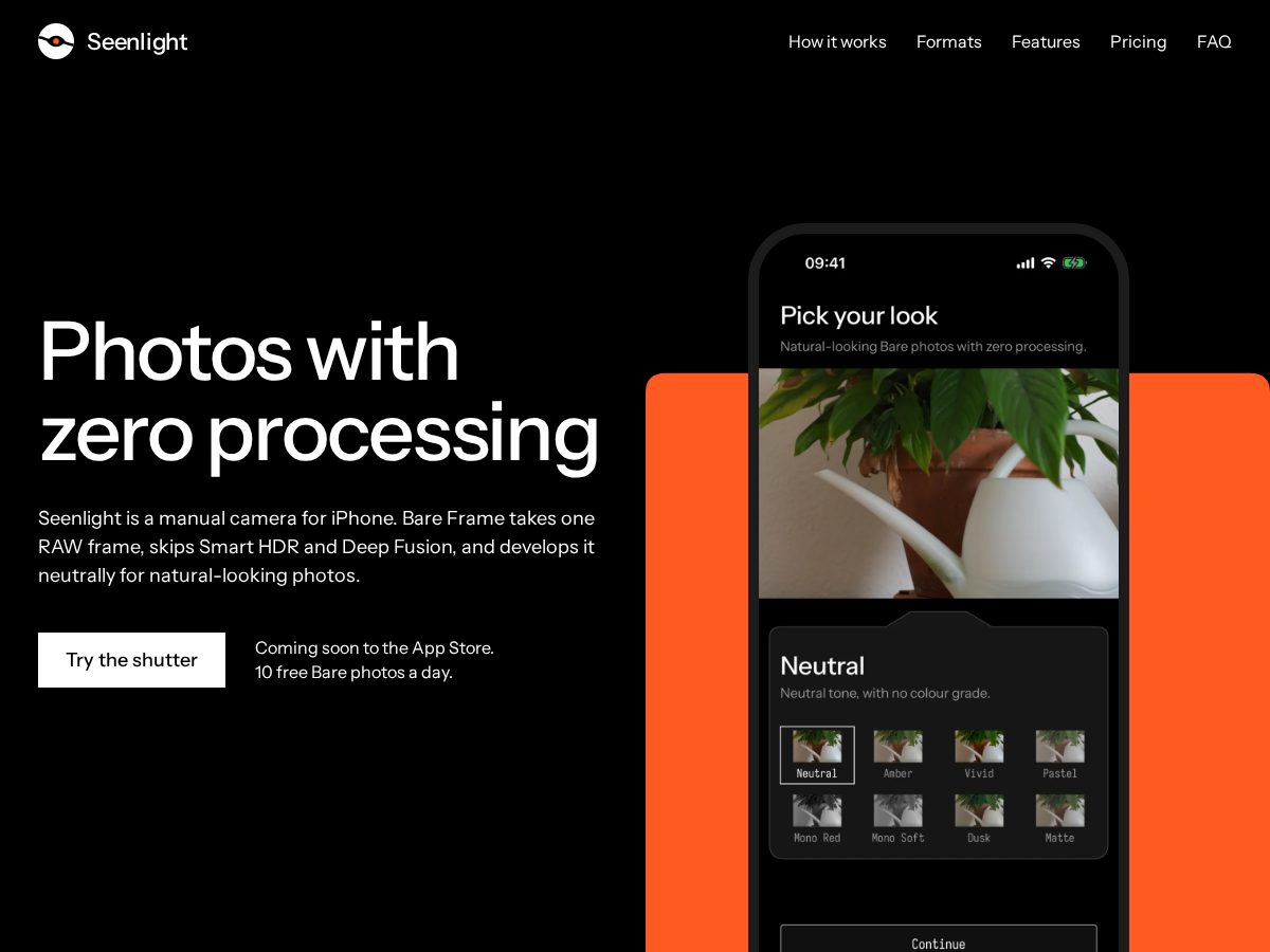 Landing-page snapshot of seenlight.app