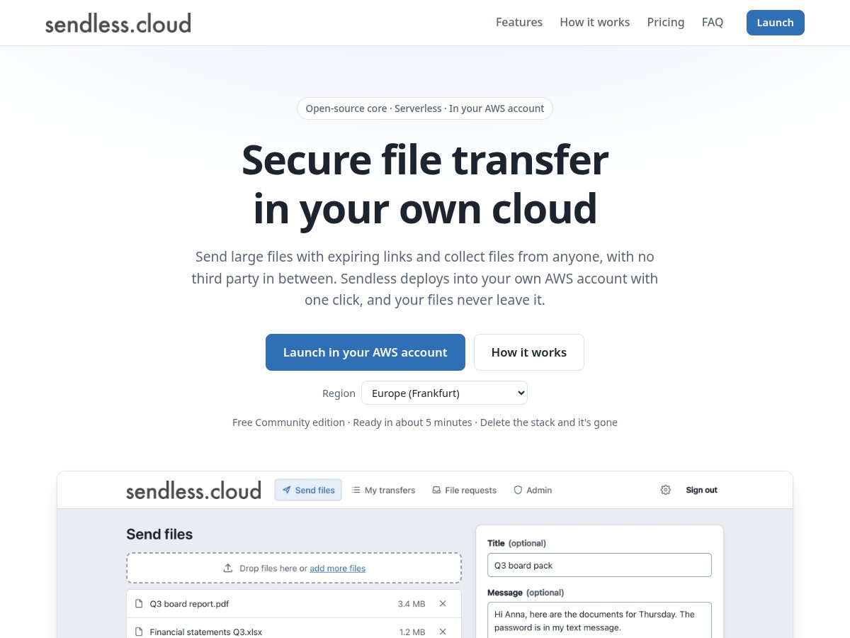 Landing-page snapshot of sendless.cloud