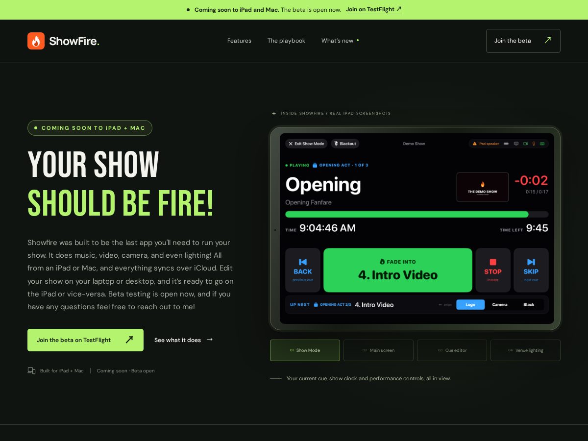 Landing-page snapshot of showfire.app