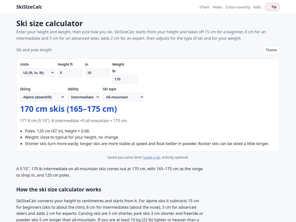 Landing-page snapshot of skisizecalc.app