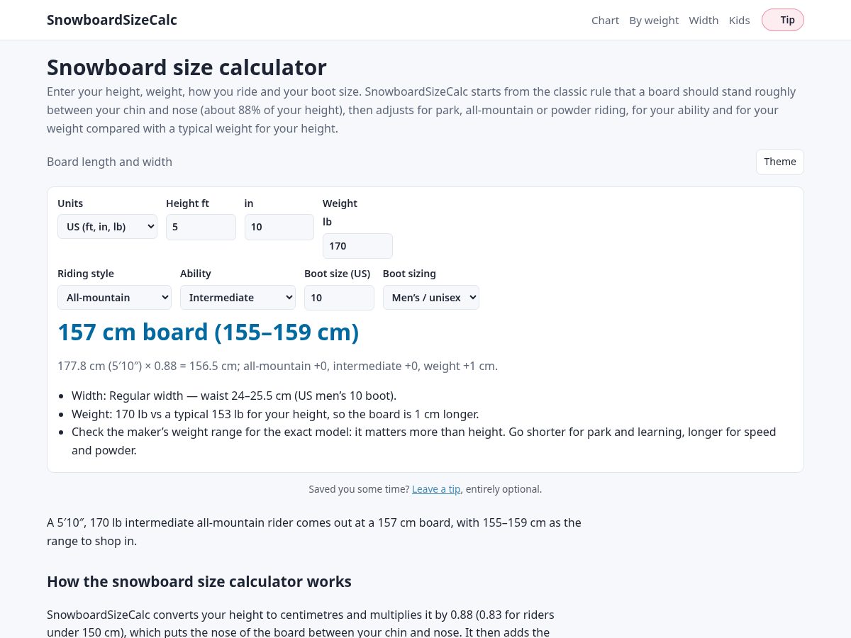 Landing-page snapshot of snowboardsizecalc.app