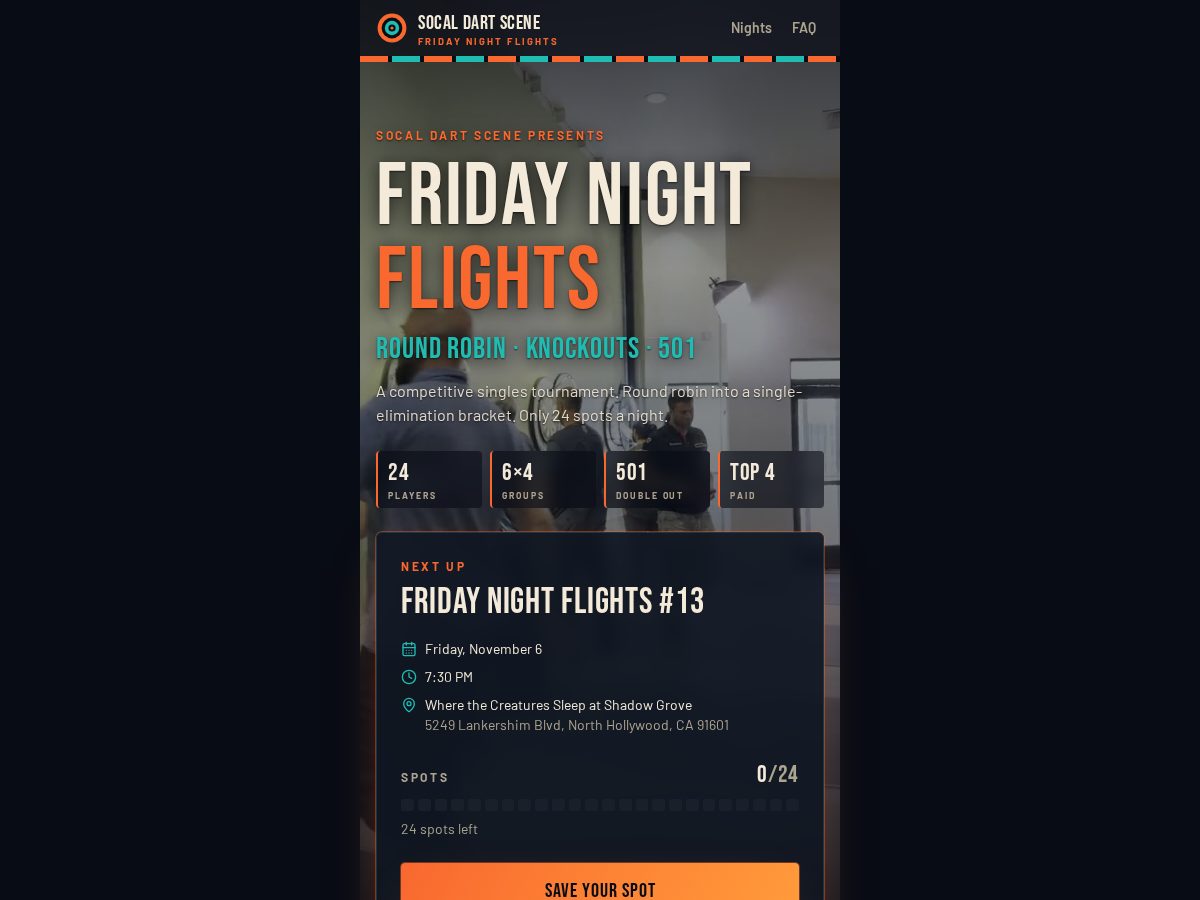 Landing-page snapshot of socaldartscene.app