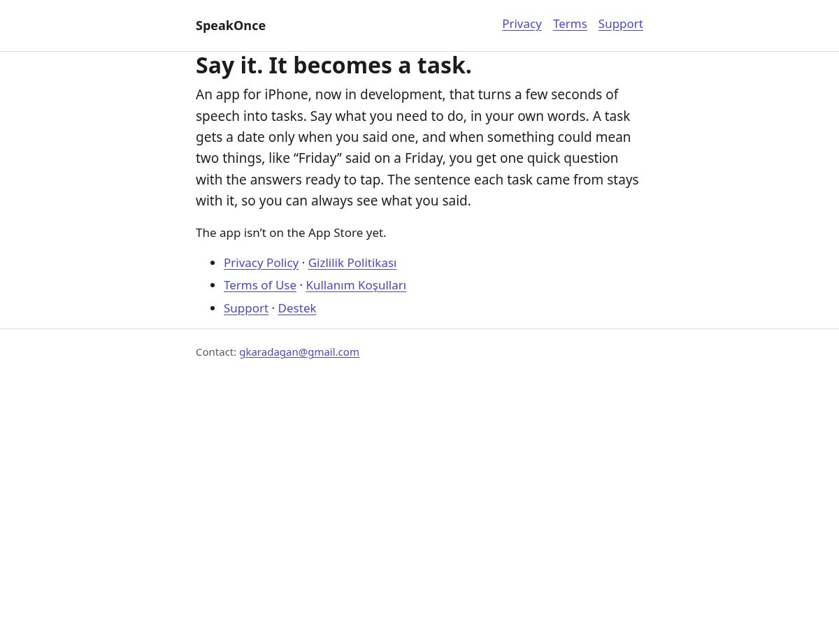 Landing-page snapshot of speakonce.app
