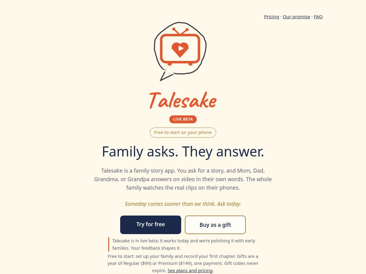Landing-page snapshot of talesake.app
