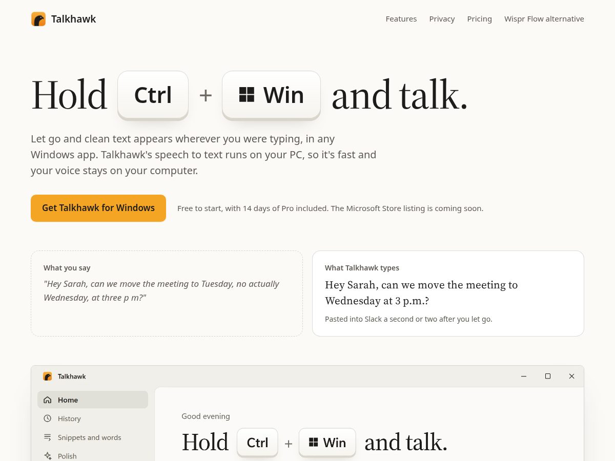 Landing-page snapshot of talkhawk.app