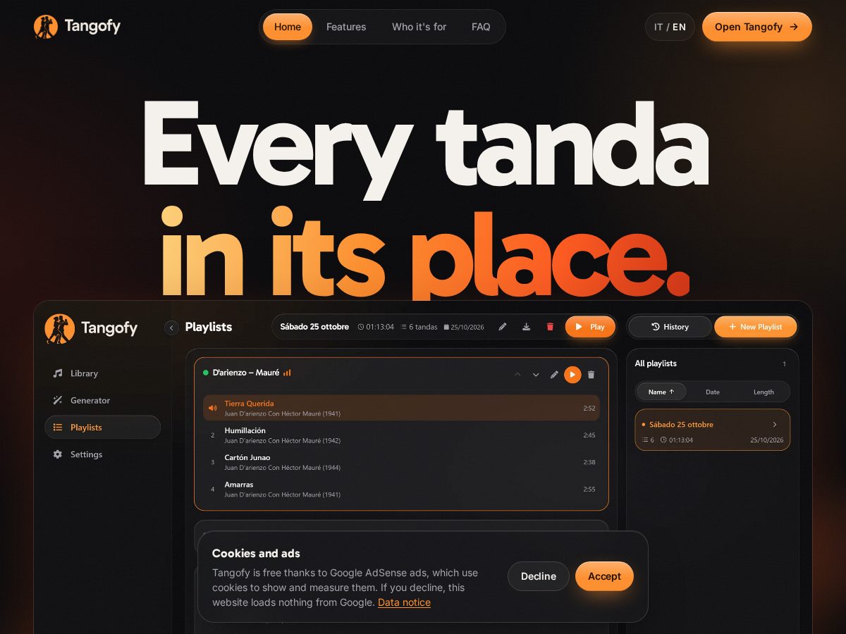 Landing-page snapshot of tangofy.app