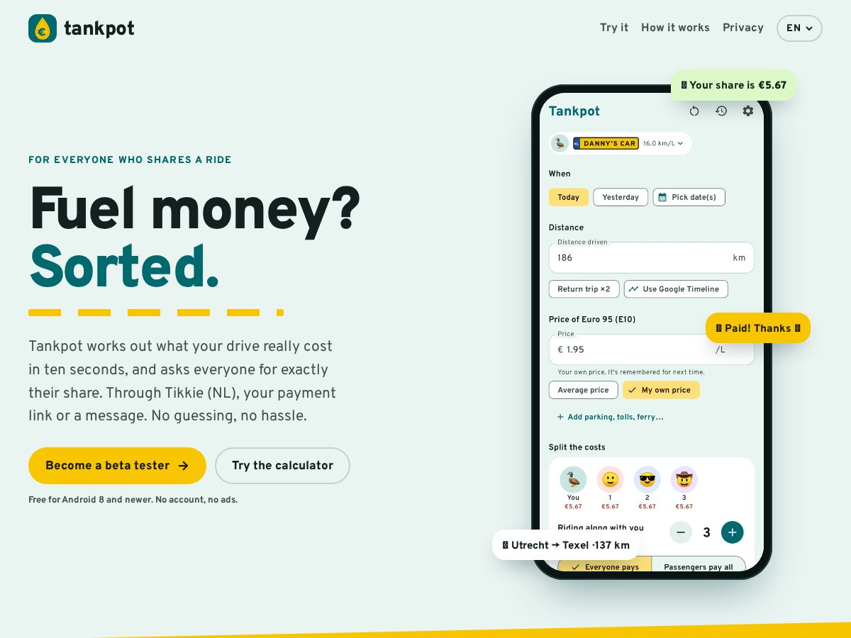 Landing-page snapshot of tankpot.app