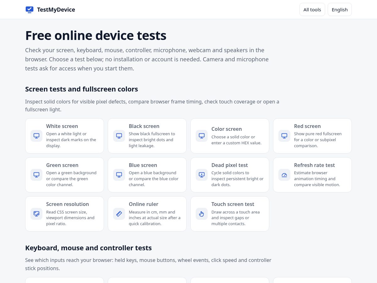 Landing-page snapshot of testmydevice.org
