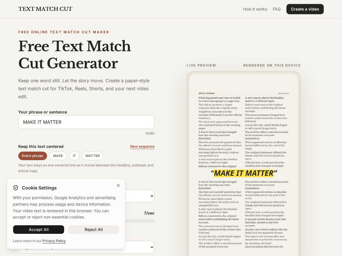 Landing-page snapshot of text-match-cut.online