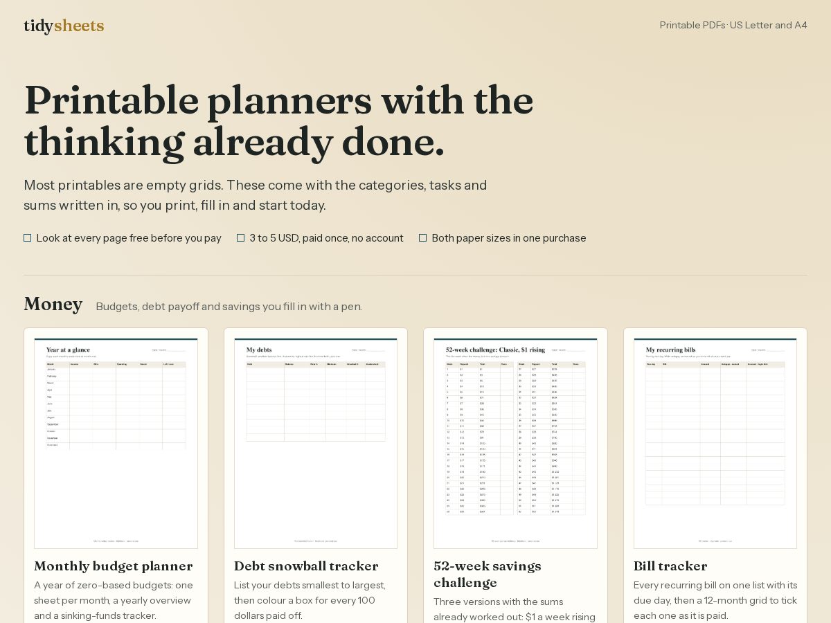 Landing-page snapshot of tidysheets.shop