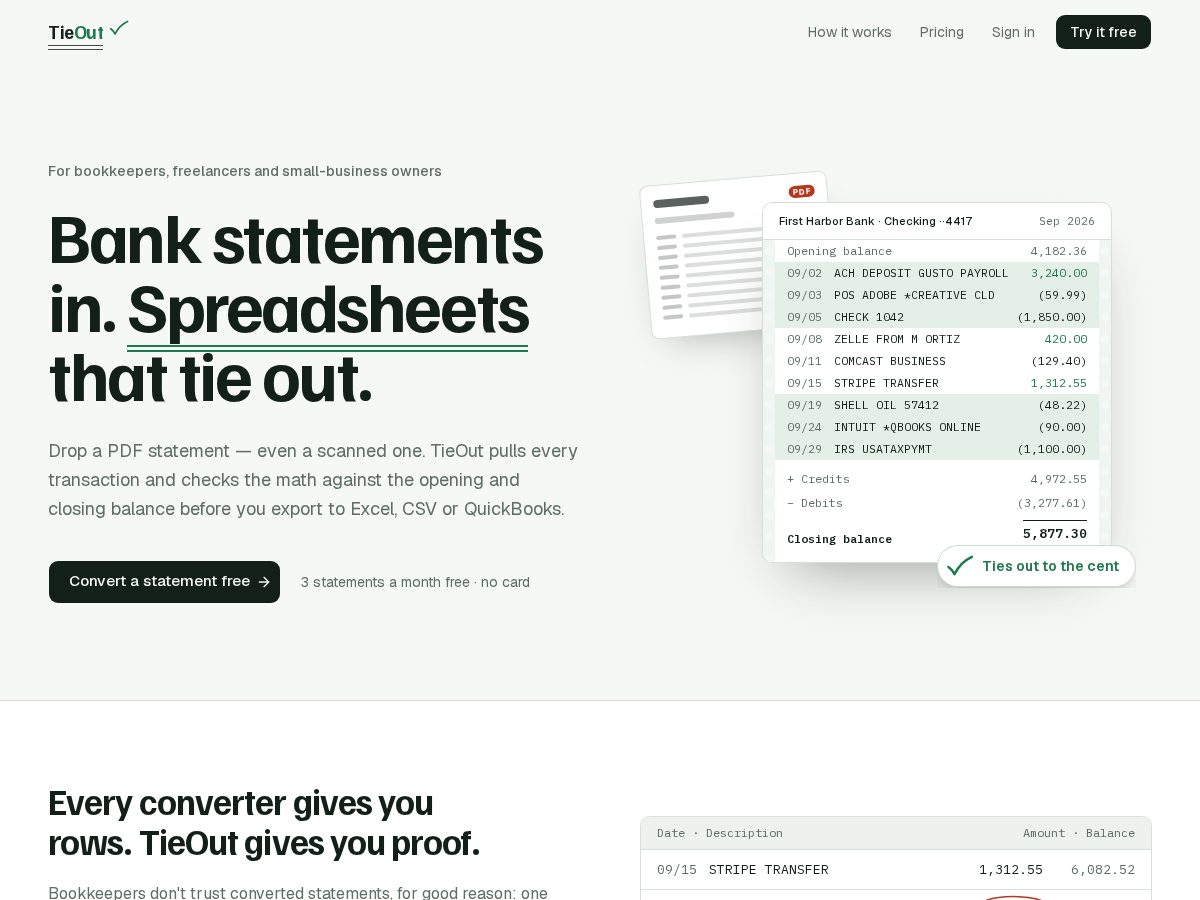 Landing-page snapshot of tieout.fyi