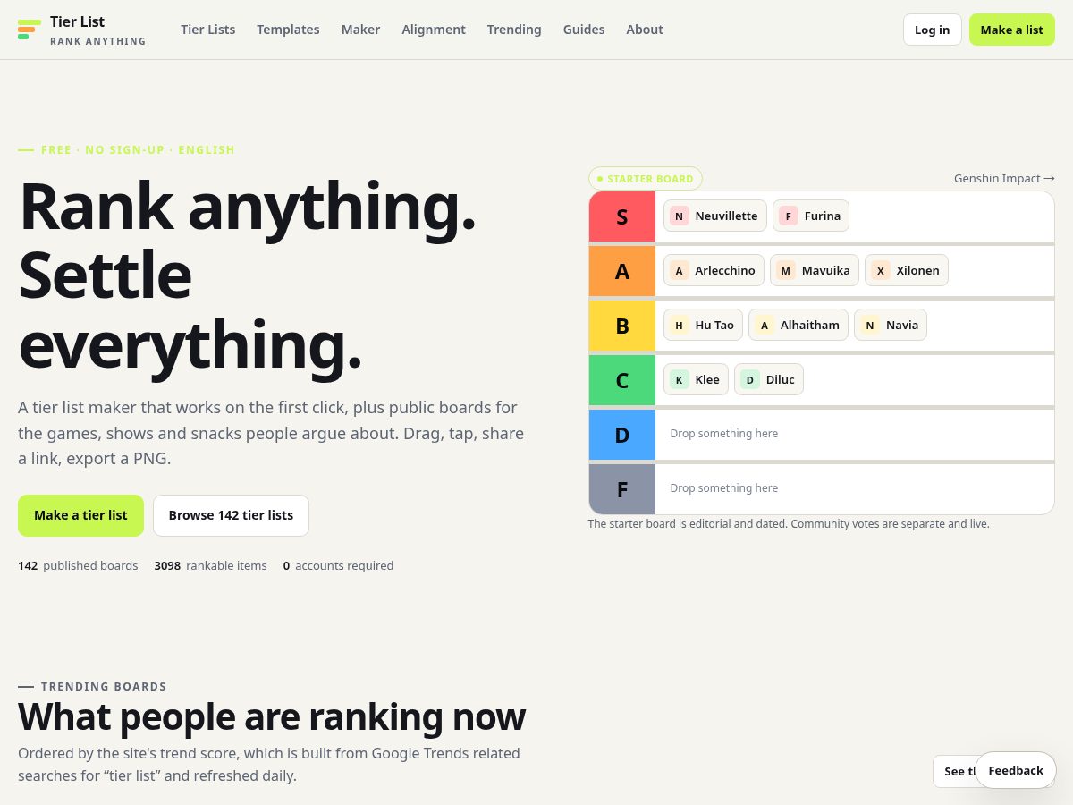 Landing-page snapshot of tier-list.org