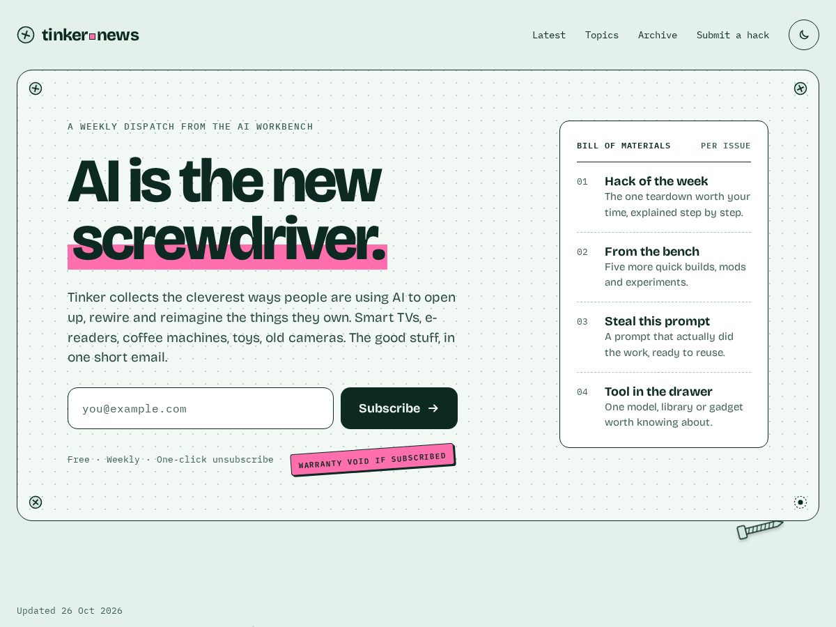 Landing-page snapshot of tinker.news