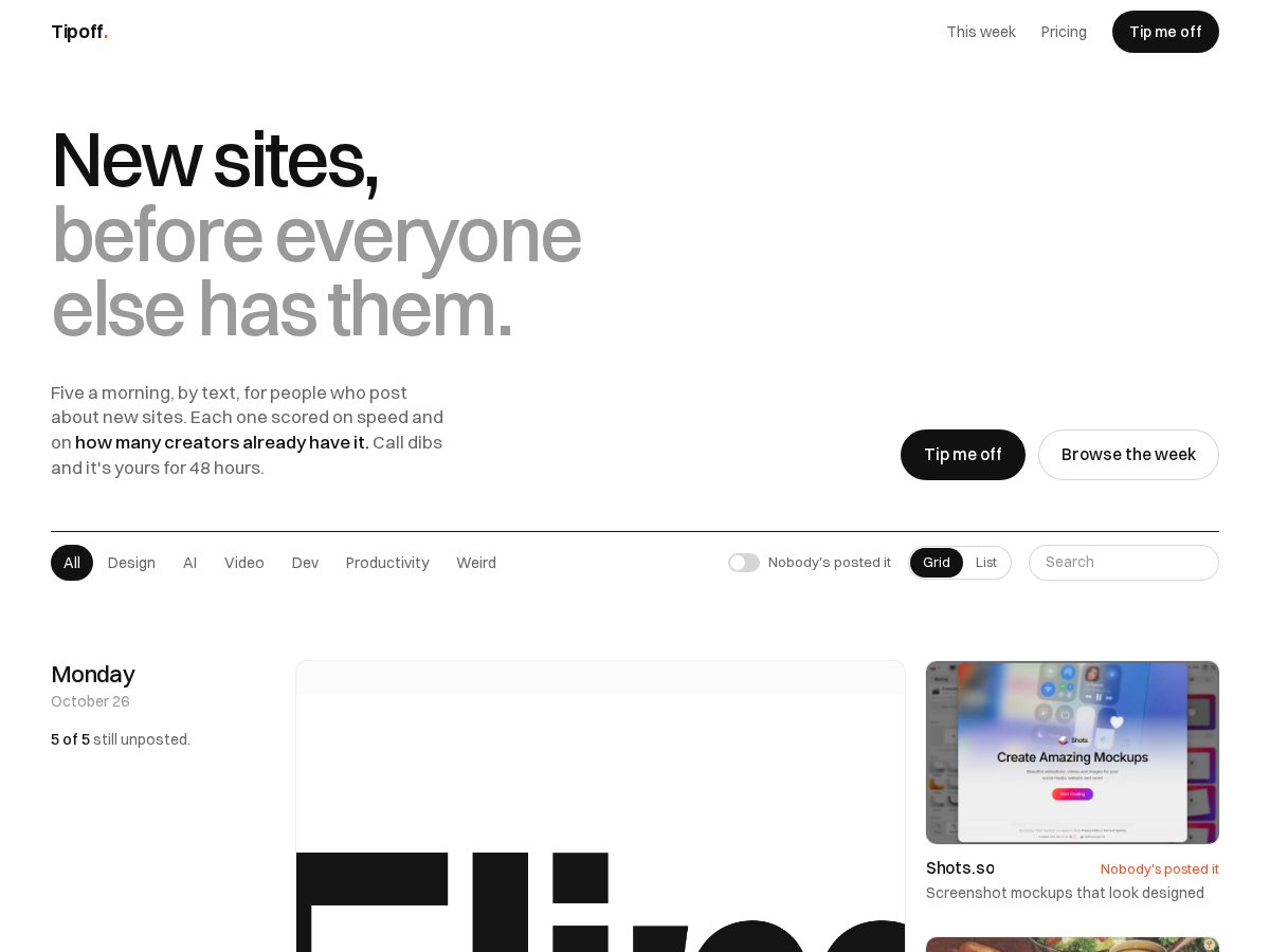 Landing-page snapshot of tipoff.today