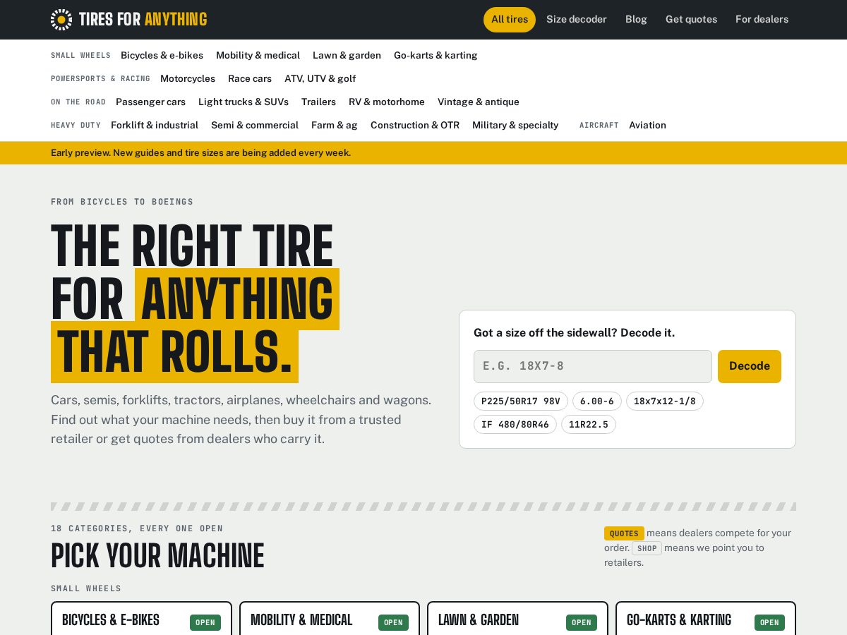 Landing-page snapshot of tiresforanything.net