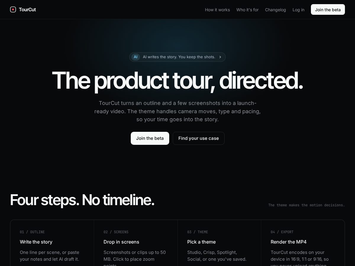 Landing-page snapshot of tourcut.studio