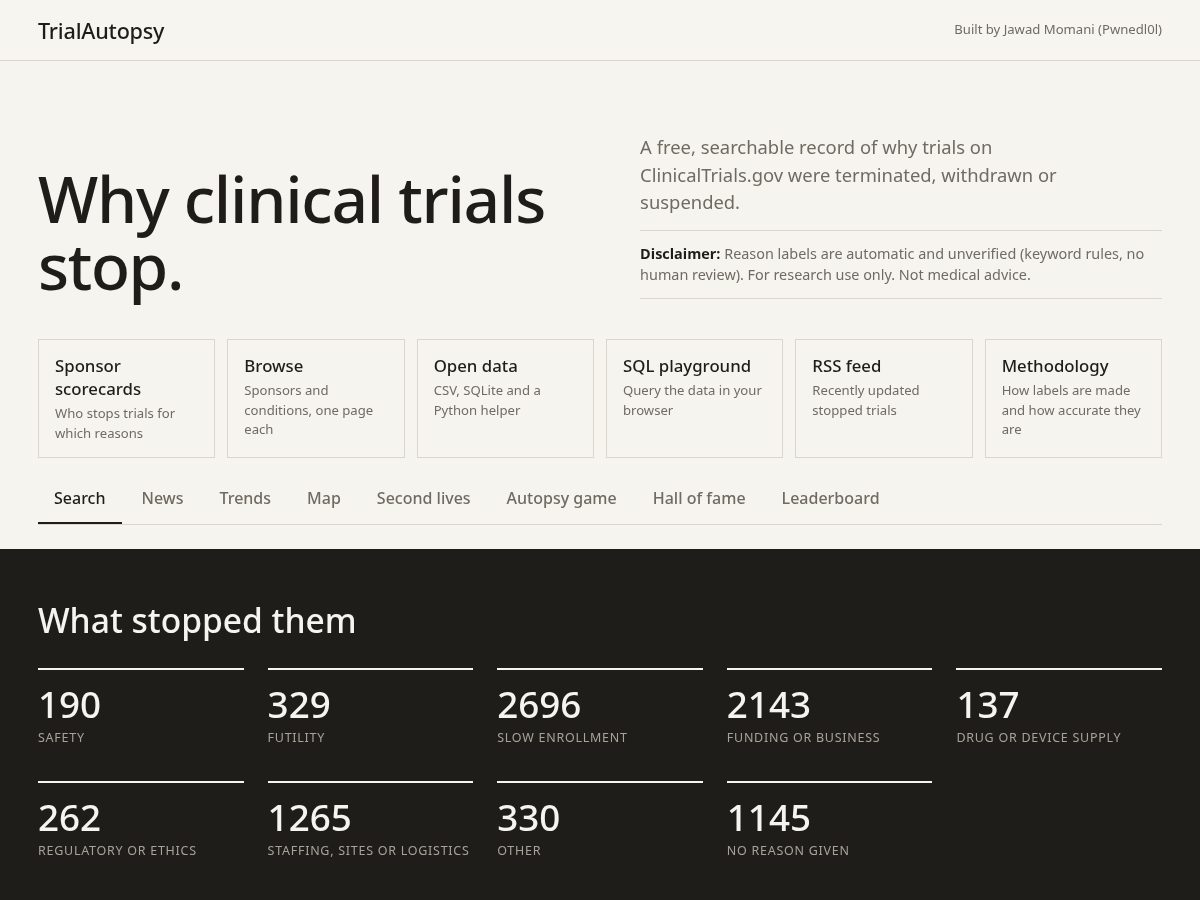 Landing-page snapshot of trialautopsy.tech