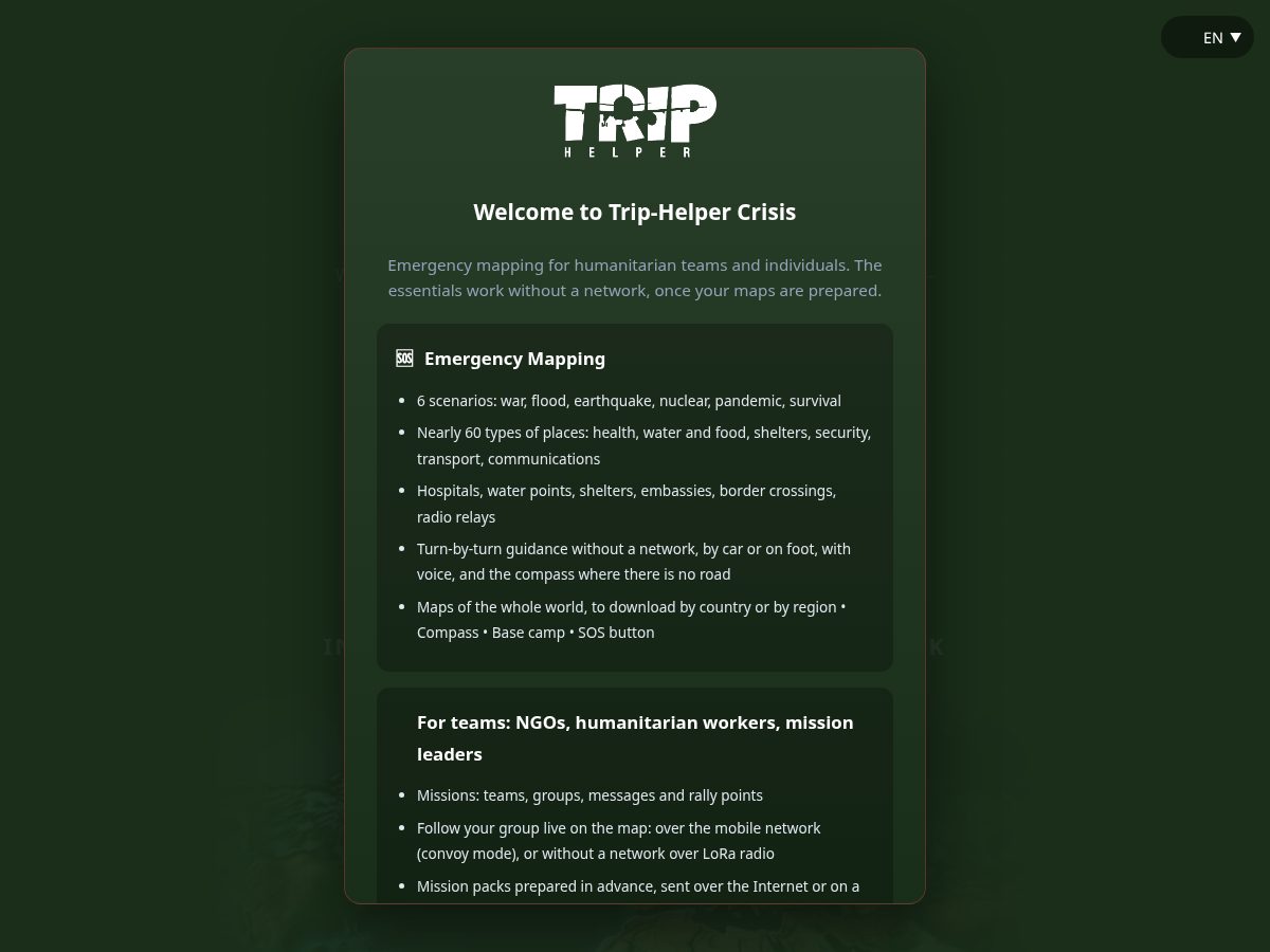 Landing-page snapshot of tripcrisis.app