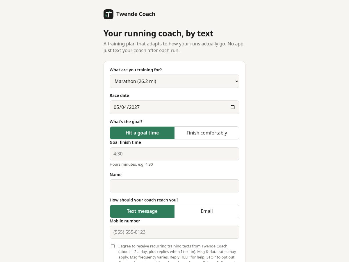 Landing-page snapshot of twende.coach