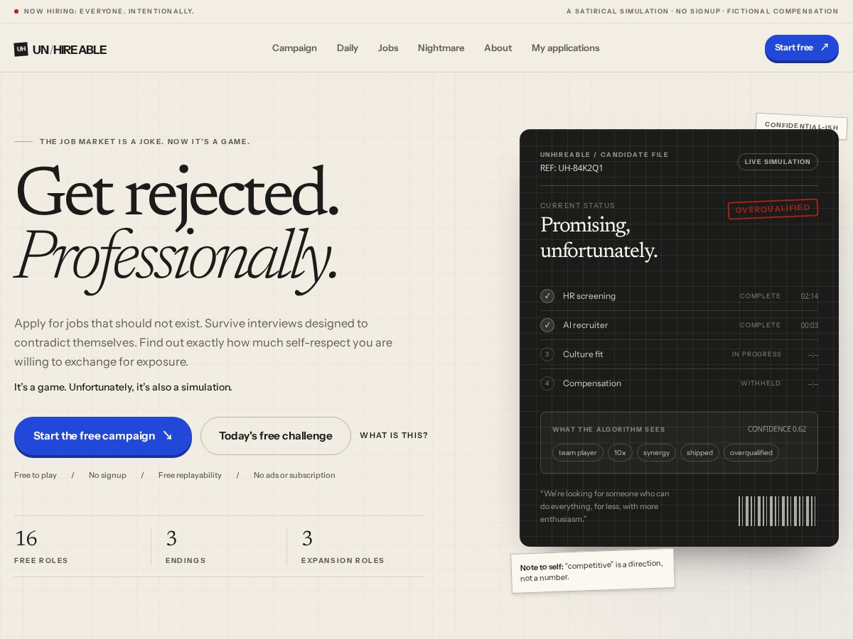 Landing-page snapshot of unhireable.app