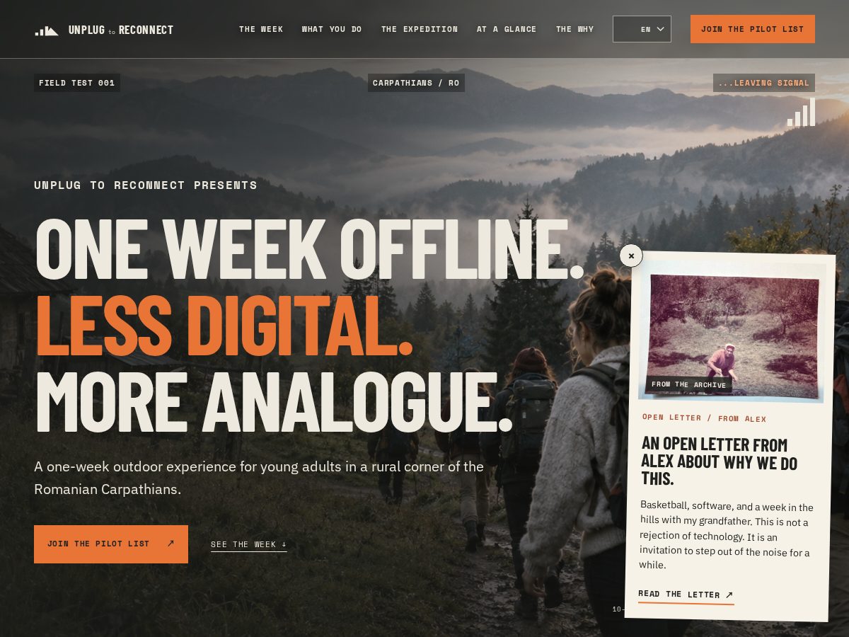 Landing-page snapshot of unplug2reconnect.org