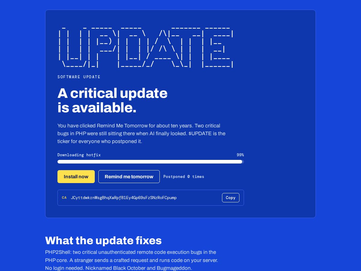 Landing-page snapshot of updatephp2shell.online