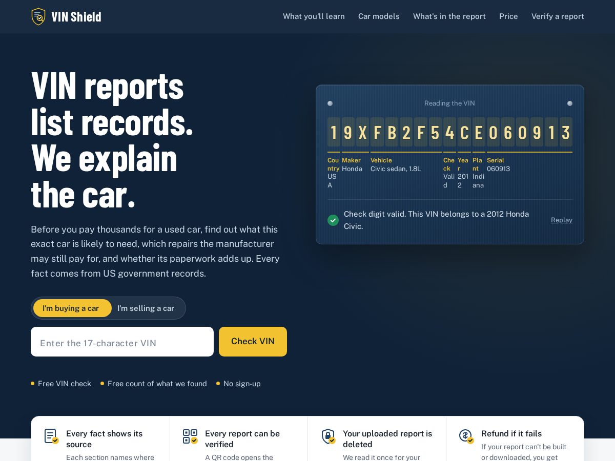 Landing-page snapshot of vinshield.report