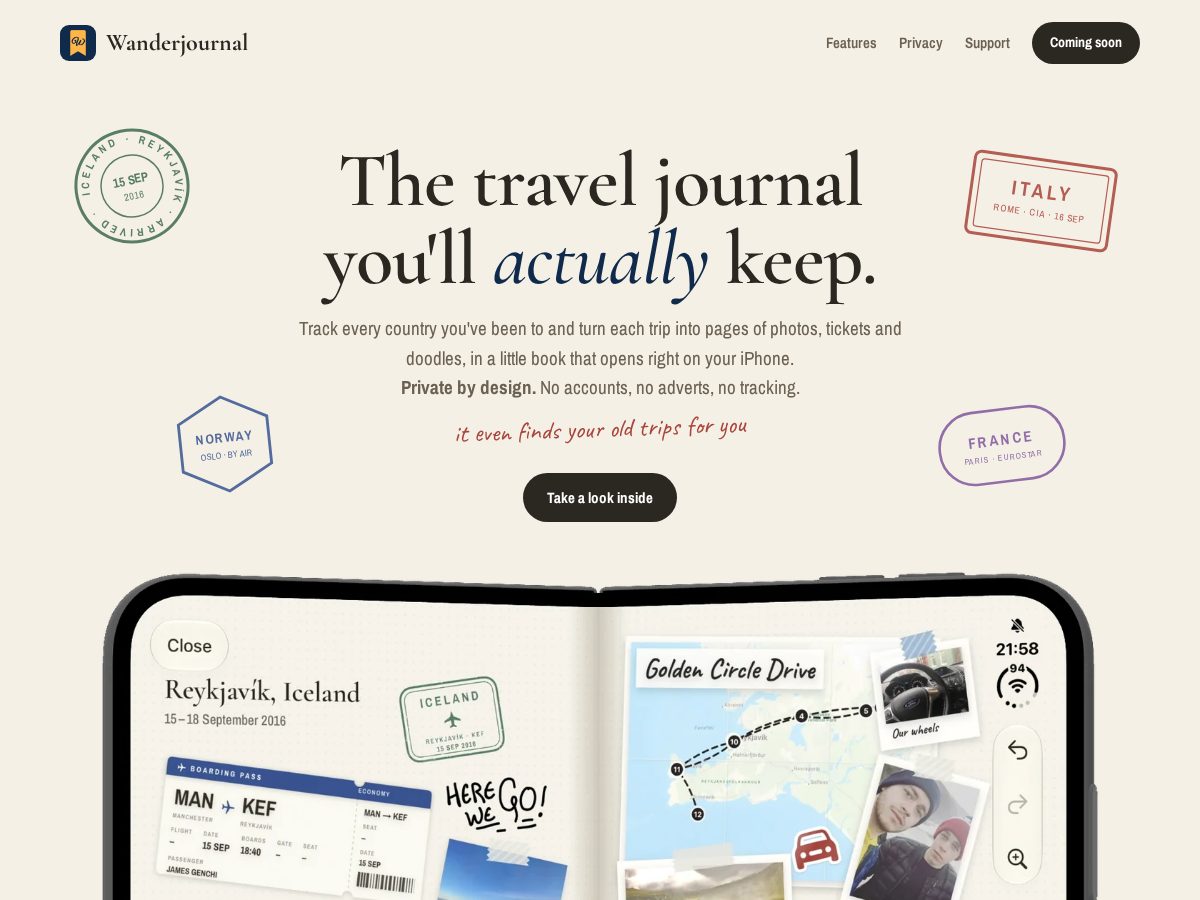 Landing-page snapshot of wanderjournal.app