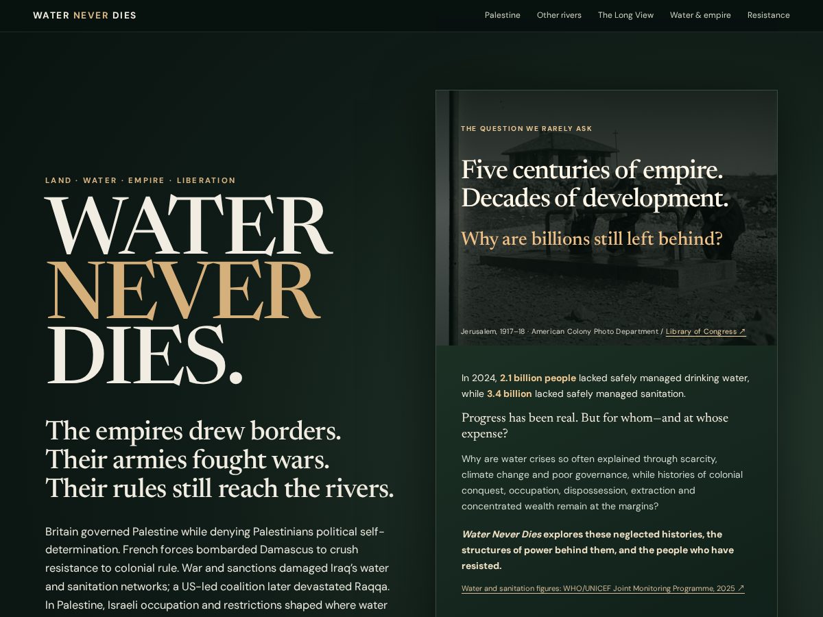 Landing-page snapshot of waterneverdies.org