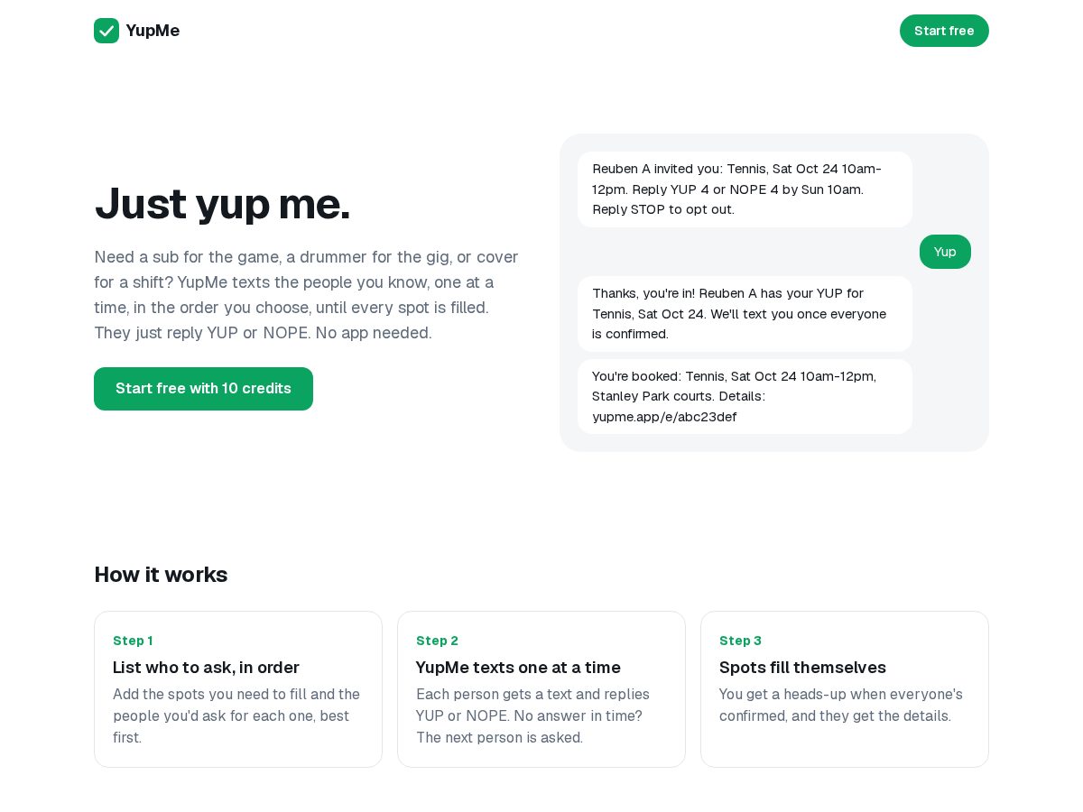 Landing-page snapshot of yupme.app
