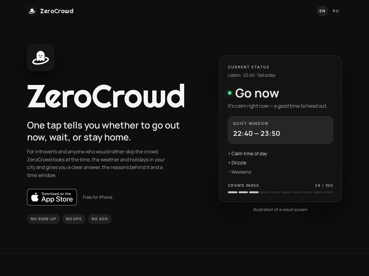 Landing-page snapshot of zerocrowd.app