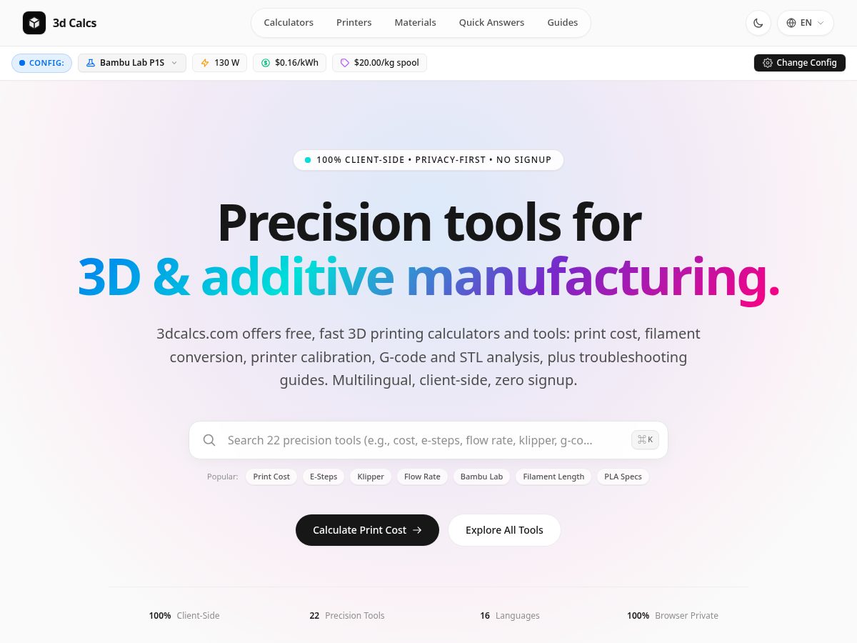 Landing-page snapshot of 3dcalcs.com