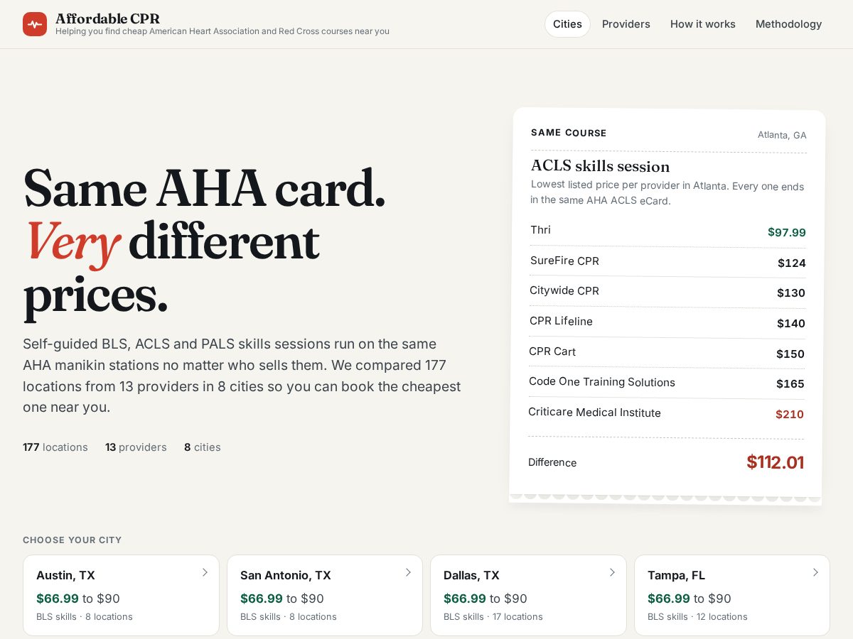 Landing-page snapshot of affordablecpr.org