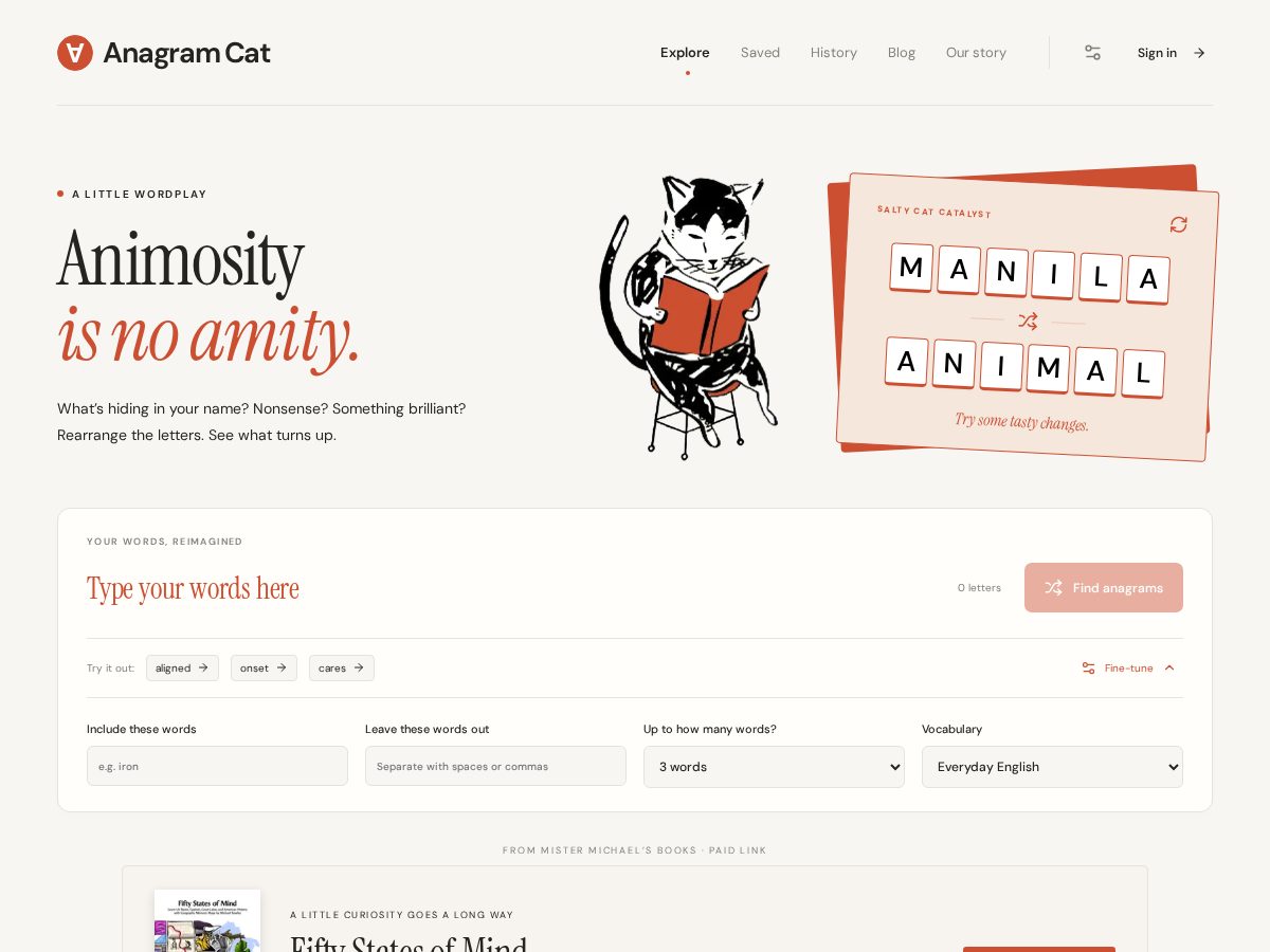 Landing-page snapshot of anagramcat.com