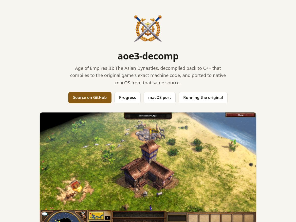 Landing-page snapshot of aoe3-decomp.org