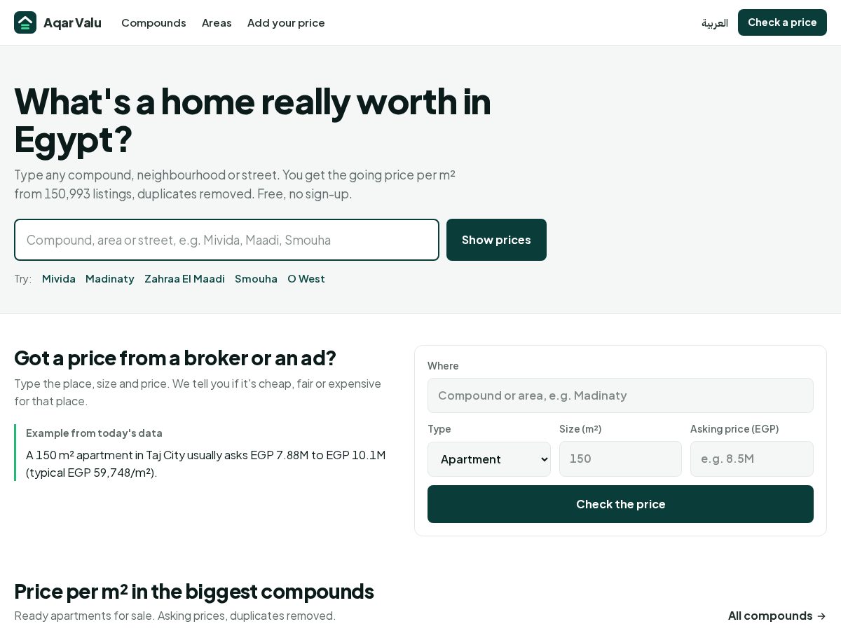 Landing-page snapshot of aqarvalu.com