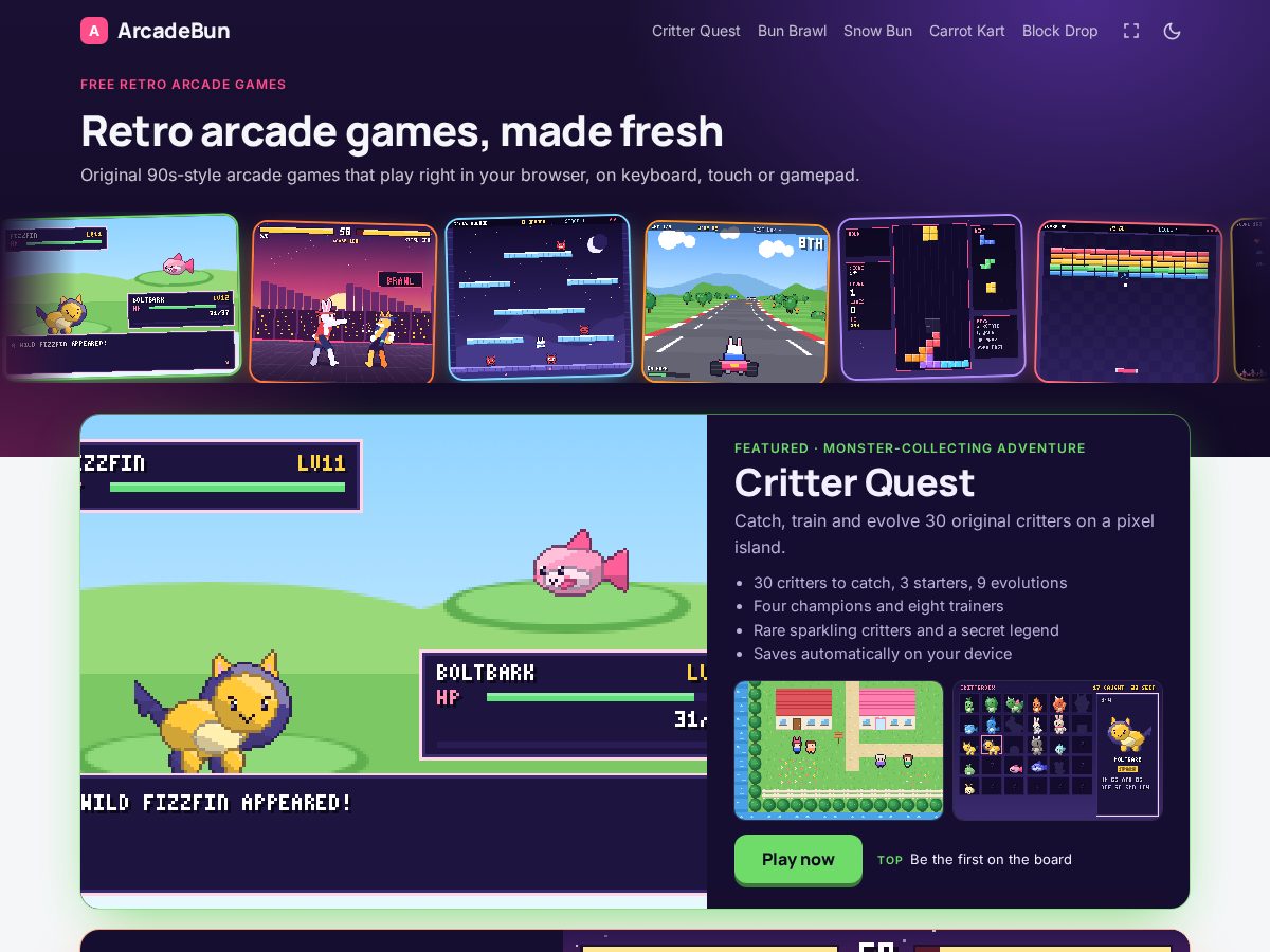 Landing-page snapshot of arcadebun.com