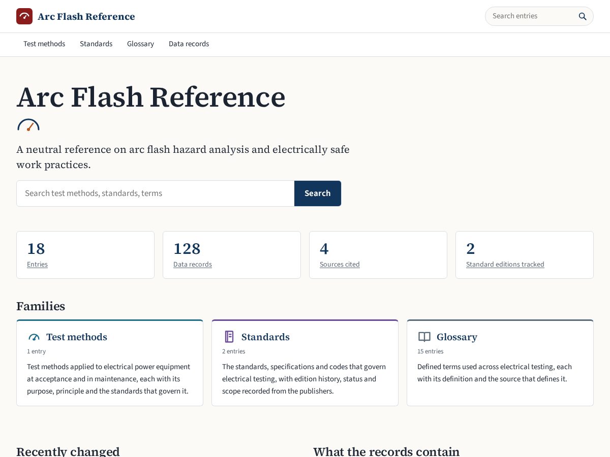 Landing-page snapshot of arcflashreference.com