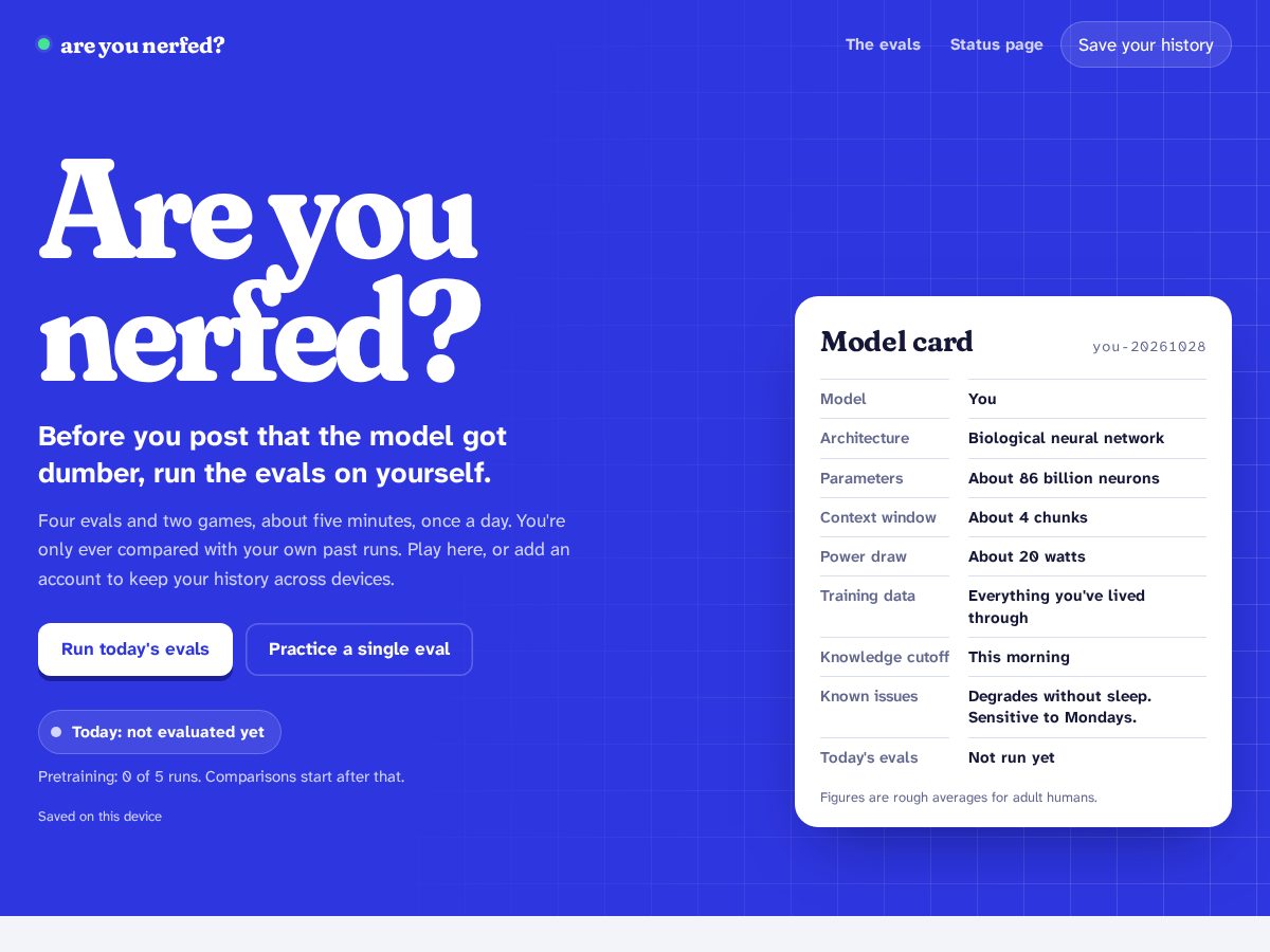 Landing-page snapshot of areyounerfed.com