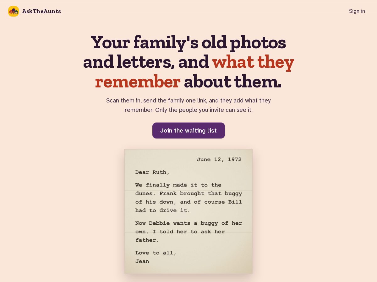 Landing-page snapshot of asktheaunts.com