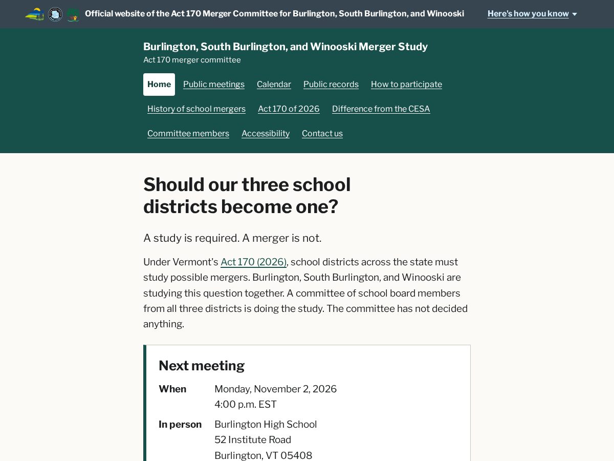 Landing-page snapshot of burlington-south-burlington-winooski-merger-study.org