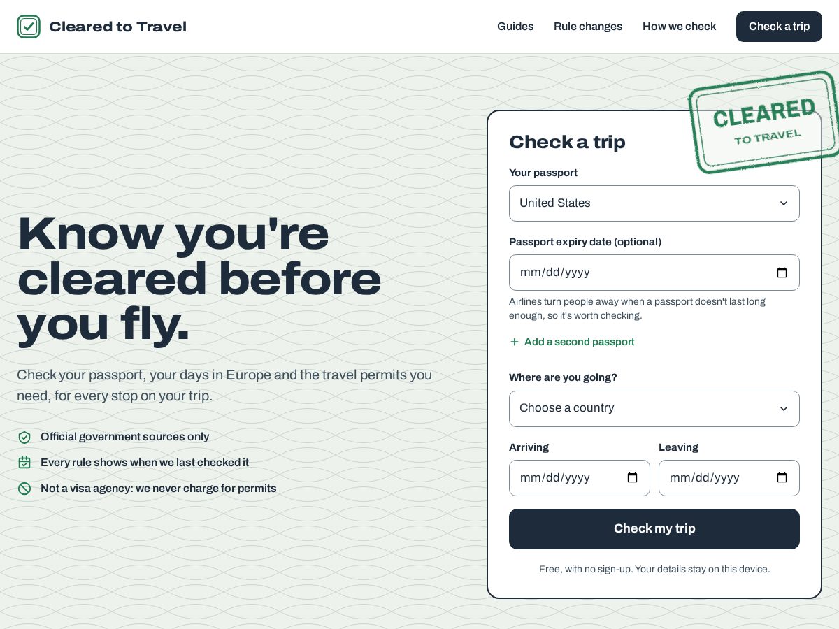 Landing-page snapshot of clearedtotravel.com