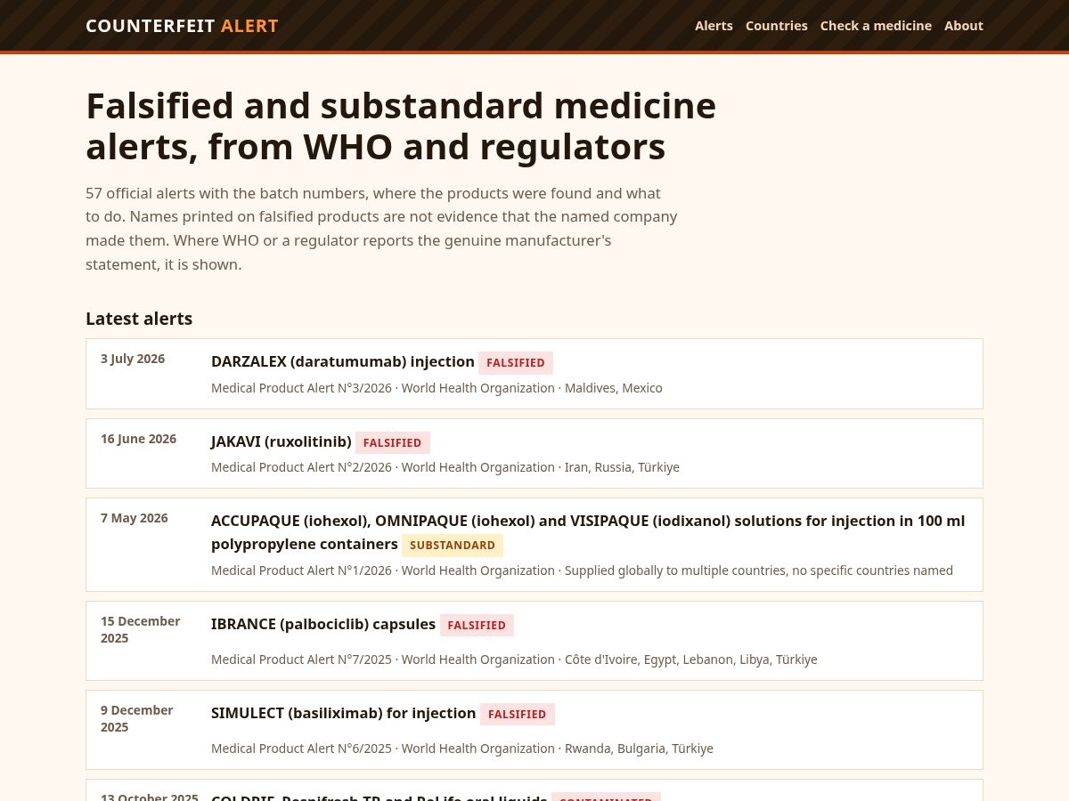Landing-page snapshot of counterfeitalert.org