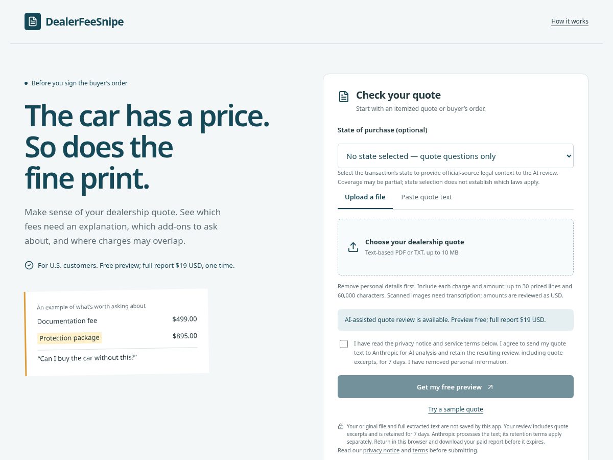 Landing-page snapshot of dealerfeesnipe.com