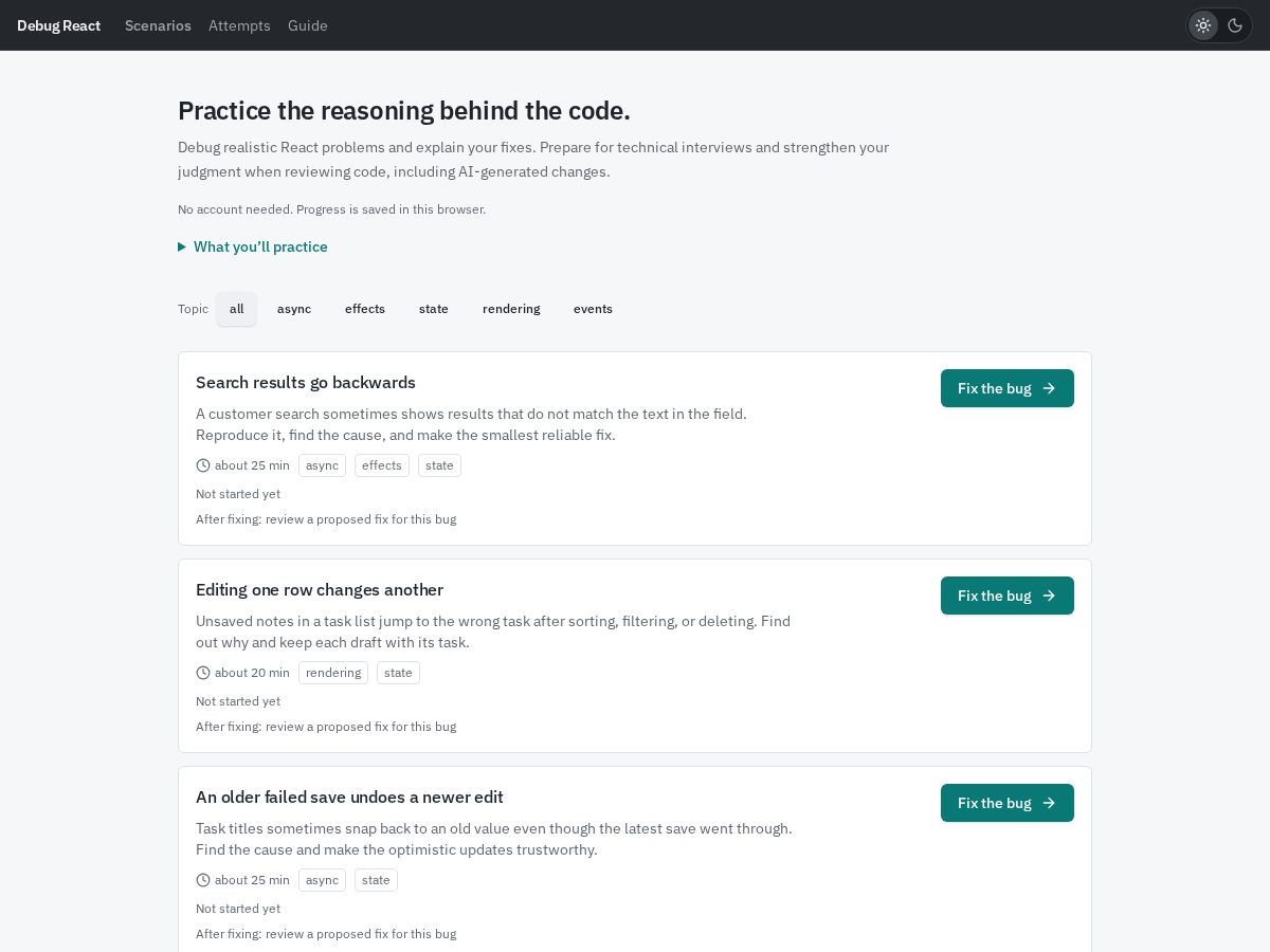 Landing-page snapshot of debugreact.com