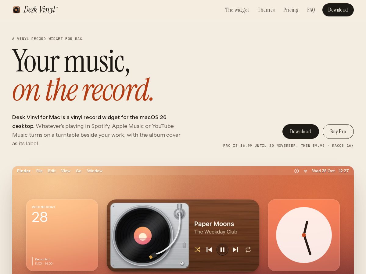 Landing-page snapshot of deskvinyl.com