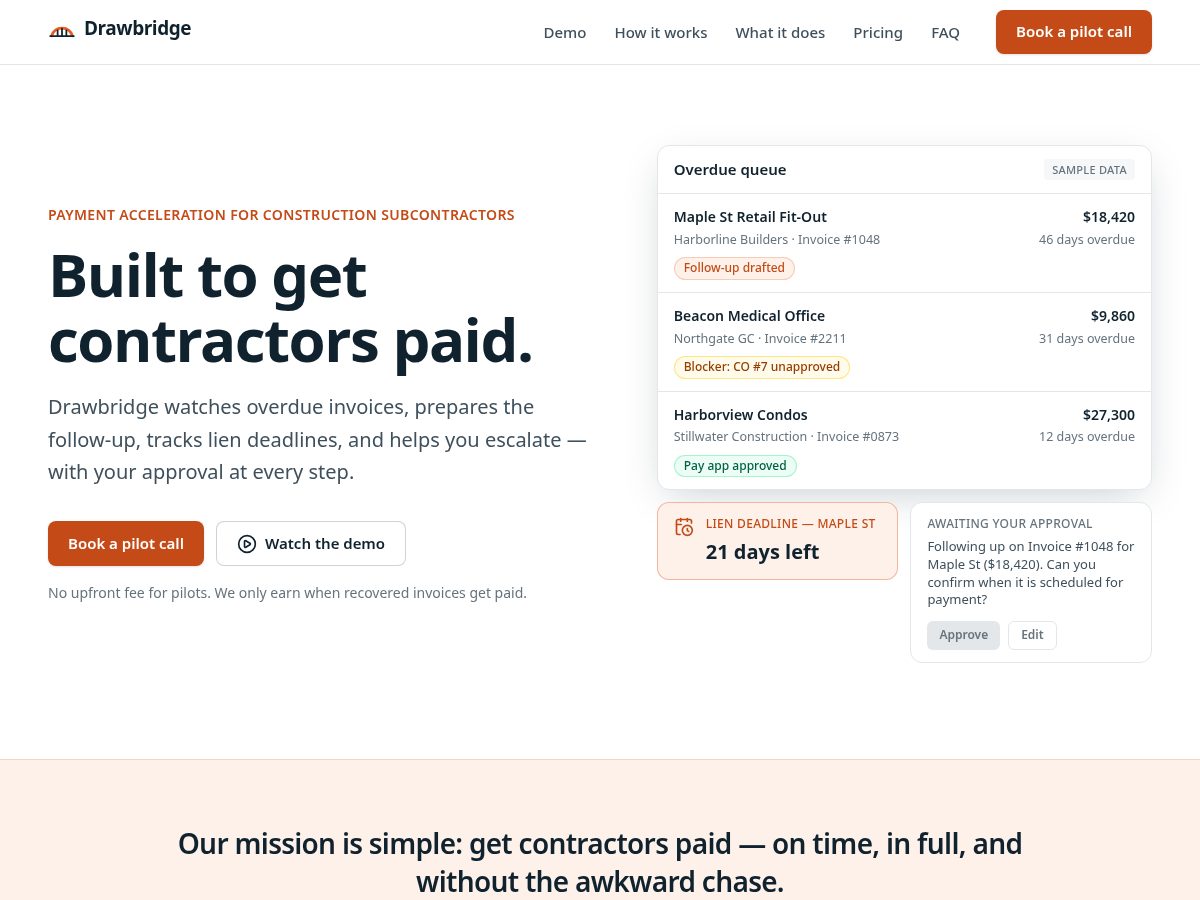 Landing-page snapshot of drawbridgepayments.com
