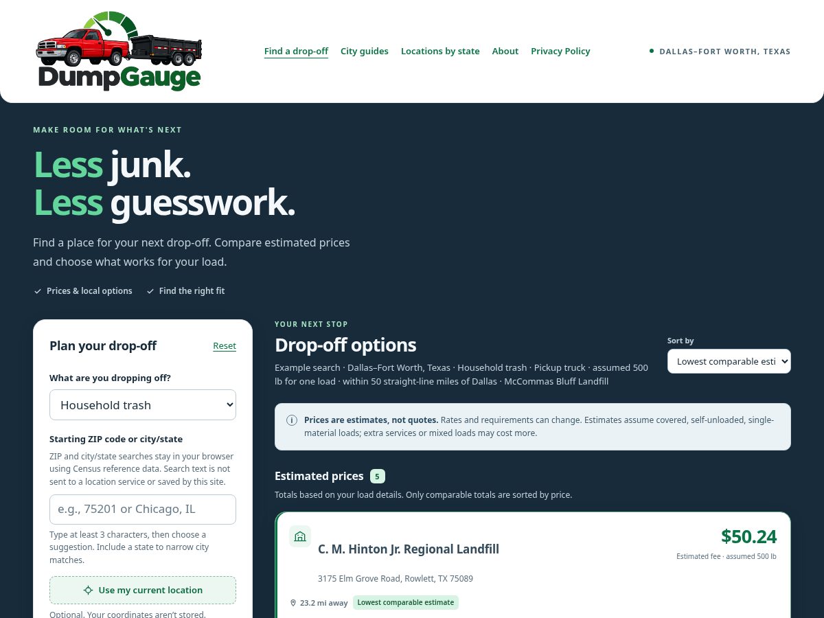 Landing-page snapshot of dumpgauge.com
