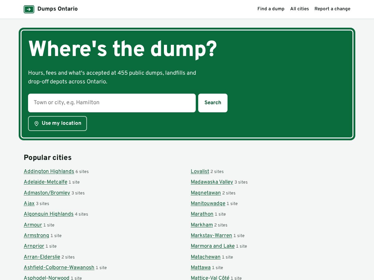 Landing-page snapshot of dumpsontario.com